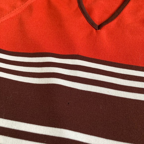 Vintage 70s Orange Brown Striped V Neck Shirt // Size Small - Picture 3 of 7